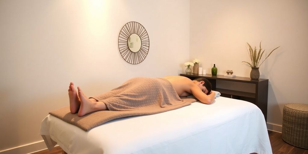Massage therapist using a laptop with a tablet.
