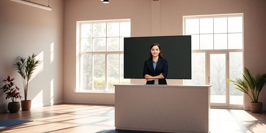 Yoga studio with receptionist on screen