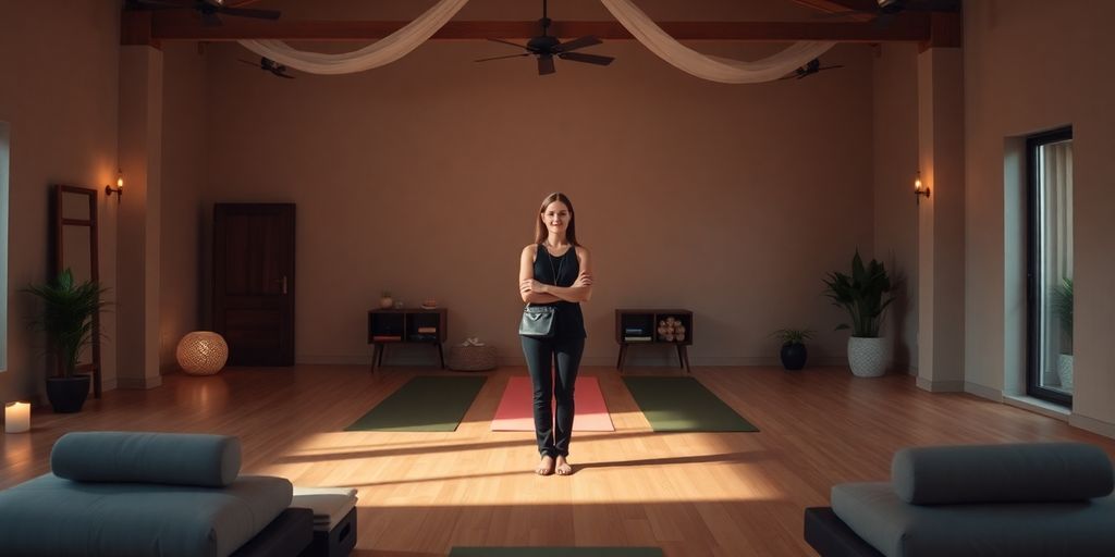 Yoga studio interior with calming decor and a professional.