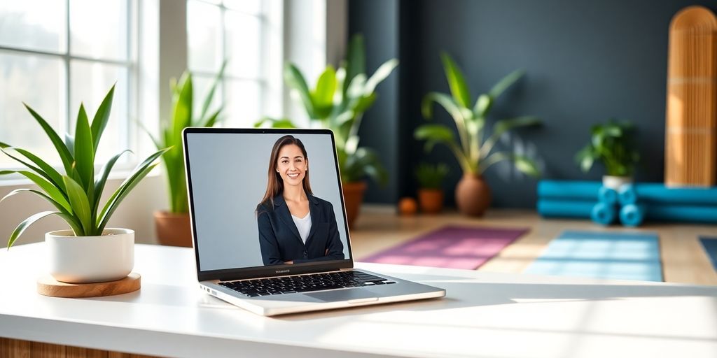 Yoga studio reception desk with a smiling virtual receptionist on screen.