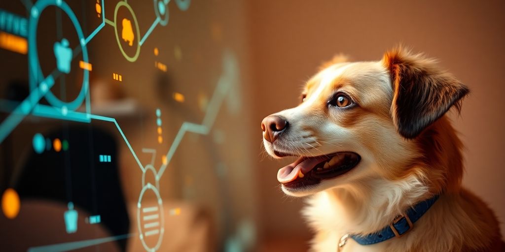 Happy dog interacting with a digital interface.