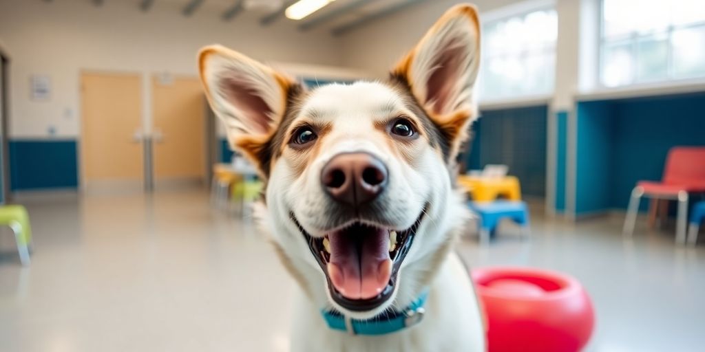 Dog happily wagging tail at a modern daycare.