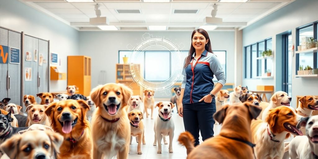 Happy dogs at daycare next to a subtle AI interface.
