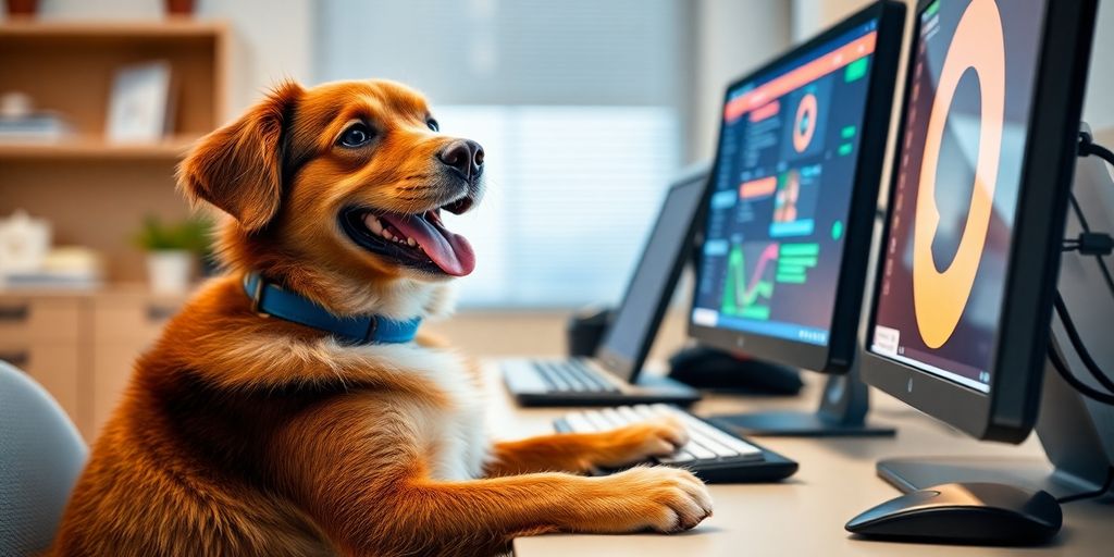 Dog at a computer, booking appointment.