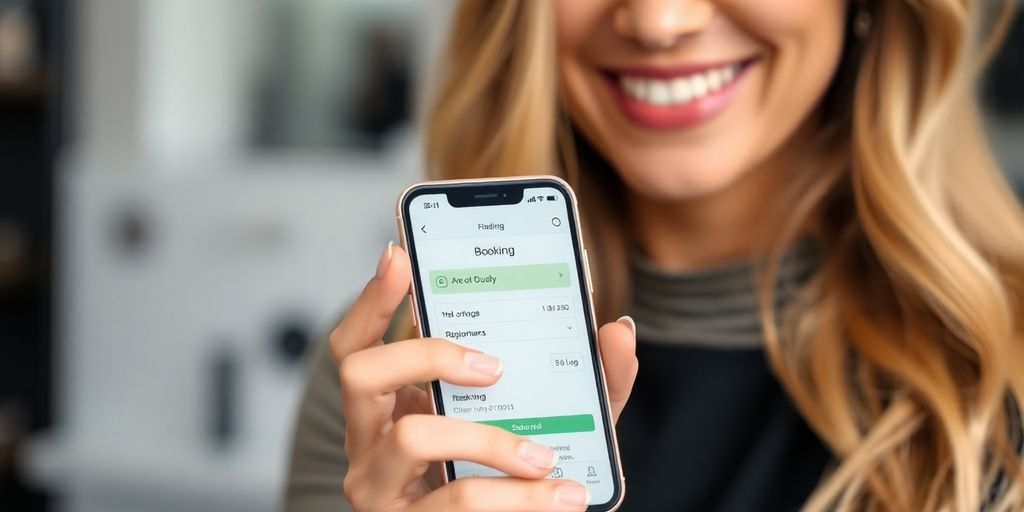 Lash artist smiling, holding a phone with booking app.