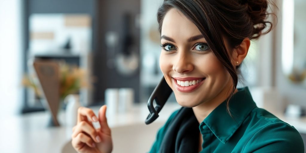 Woman smiling while holding a phone with a lash bar logo.