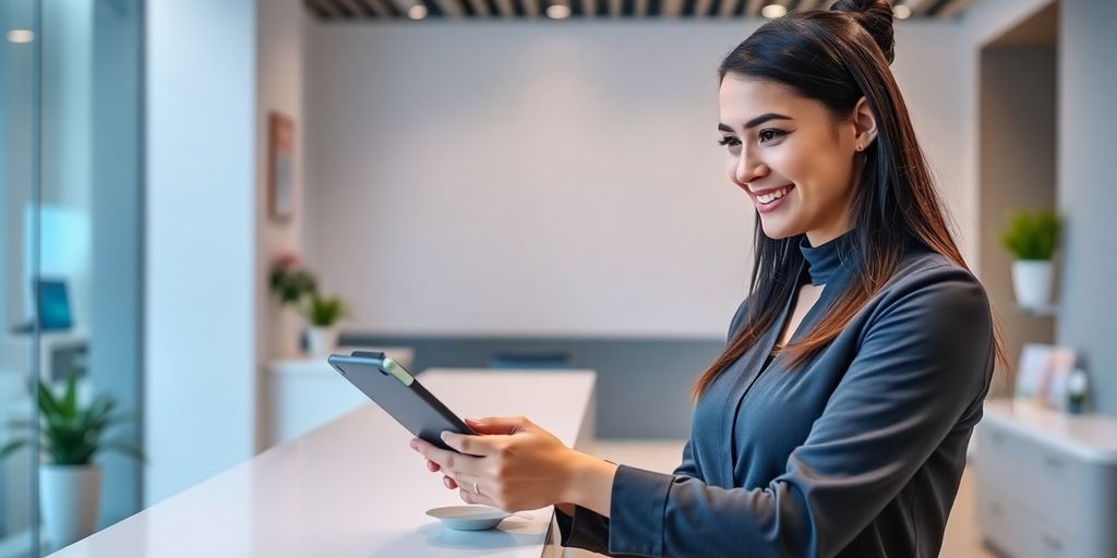 Cosmetic clinic reception with smiling virtual receptionist.