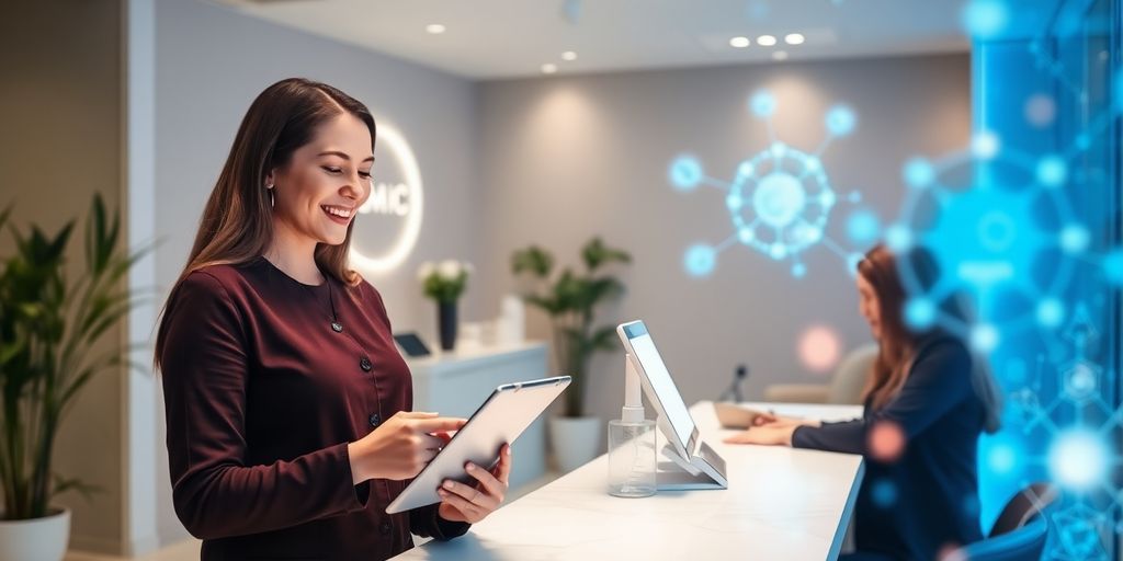 Cosmetic clinic reception with a patient speaking to a virtual assistant.
