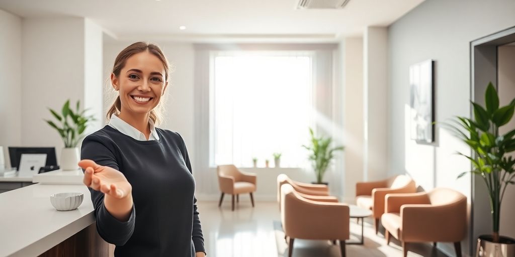 Cosmetic clinic interior with professional receptionist greeting patient.