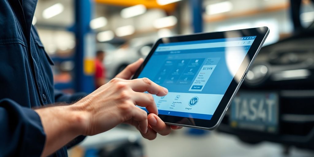 Automotive mechanic using AI on a tablet