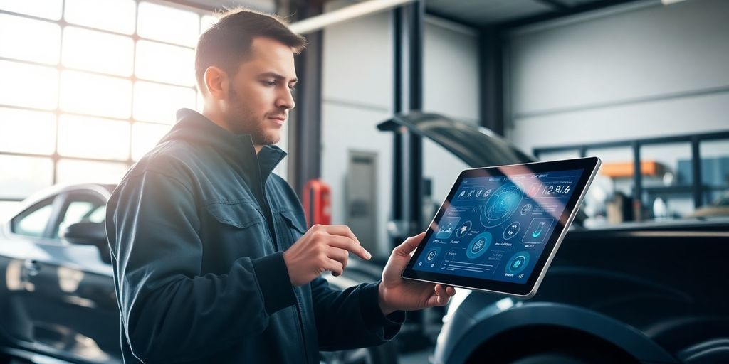 Mechanic using AI on a tablet in a repair shop.