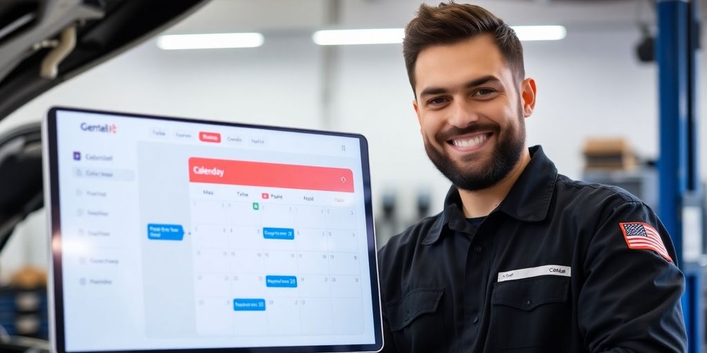 Mechanic interacting with AI scheduling interface.