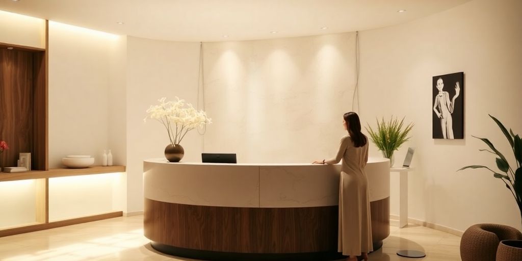 Spa receptionist assisting a client with a calming backdrop.