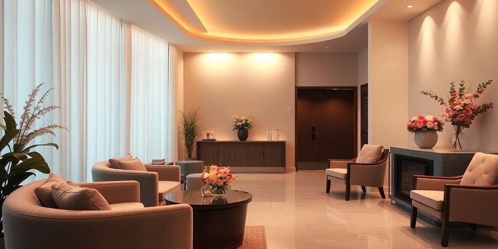 Spa reception desk with flowers and client relaxation.