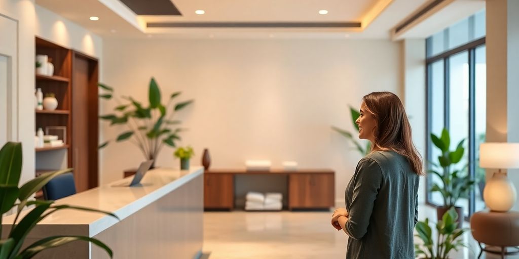 Spa receptionist assisting client with booking.