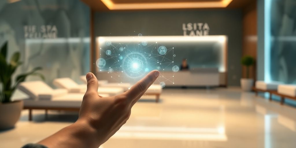 Spa receptionist using virtual technology.