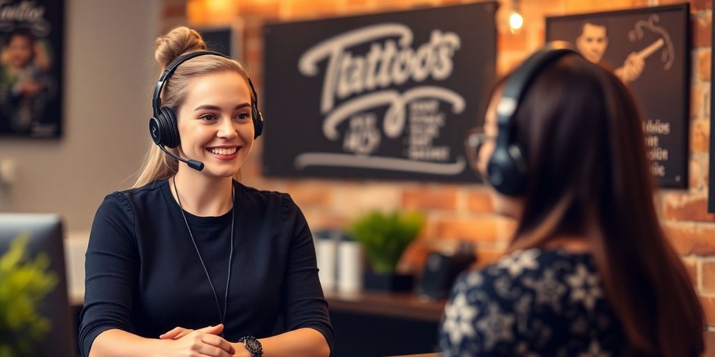 A smiling receptionist answering a phone.