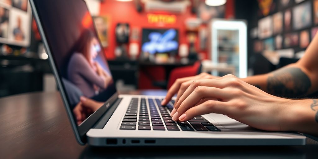 Hands typing on a laptop in a tattoo studio.