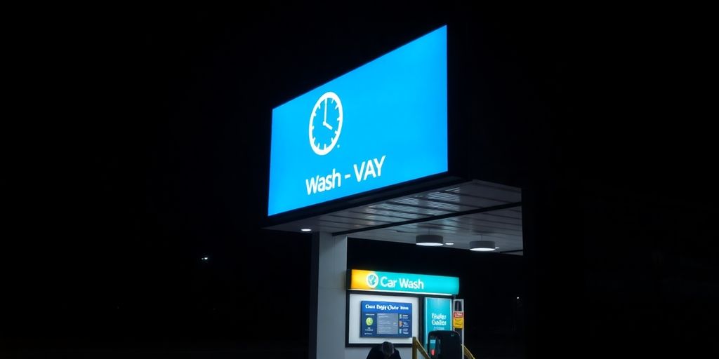 Car wash sign with glowing 24/7 booking icon.