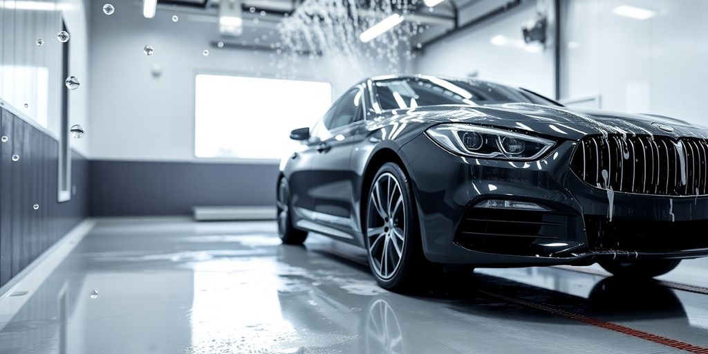 Car wash bay with sparkling clean car.