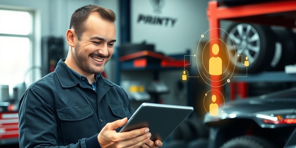 Tire shop owner interacting with futuristic AI interface.