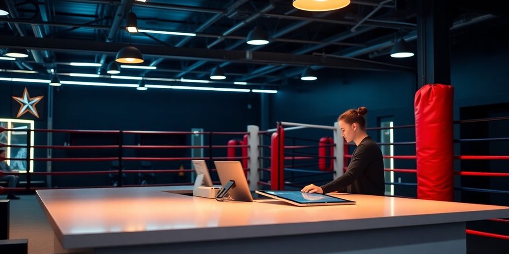Boxing gym interior with a seamless virtual receptionist interaction.