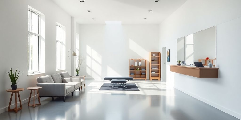 Pilates studio with elegant reception area and serene atmosphere.