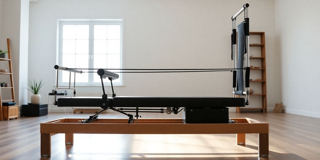 Pilates reformer with a serene studio background.