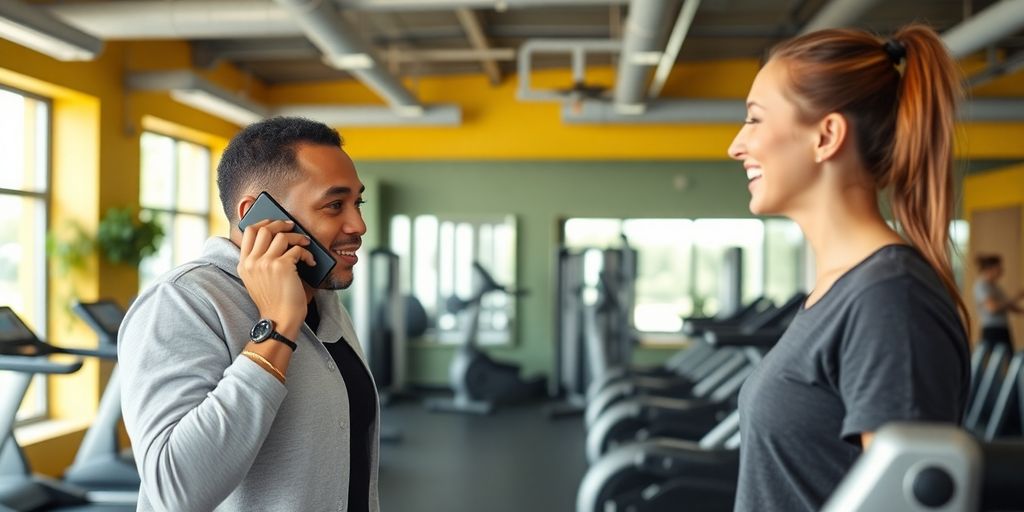 Fitness studio owner smiling, talking on phone.