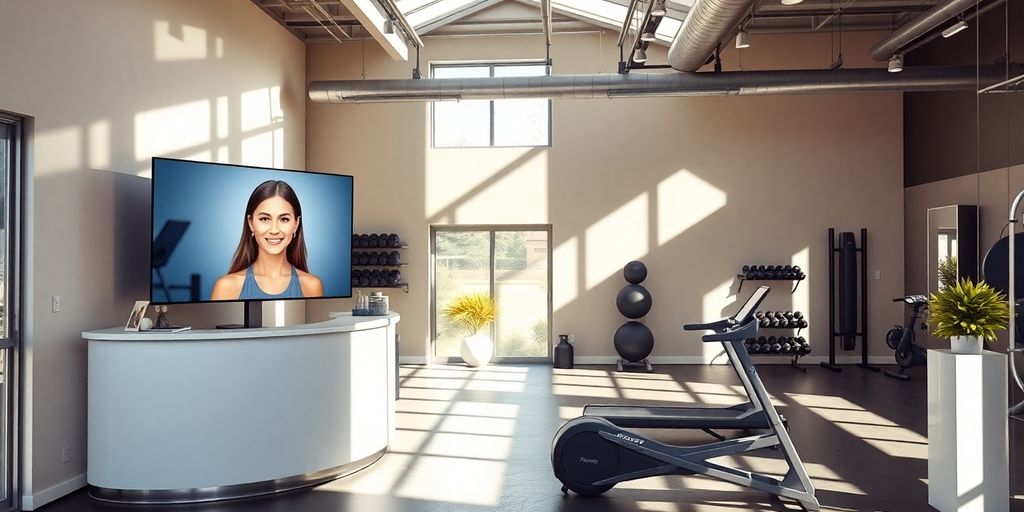 Fitness studio reception with virtual assistant headset.