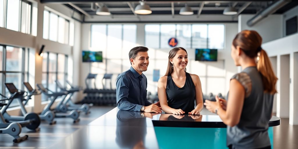 Fitness studio reception desk with a person smiling.