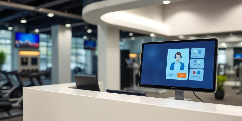 Fitness studio reception with virtual assistant interface.