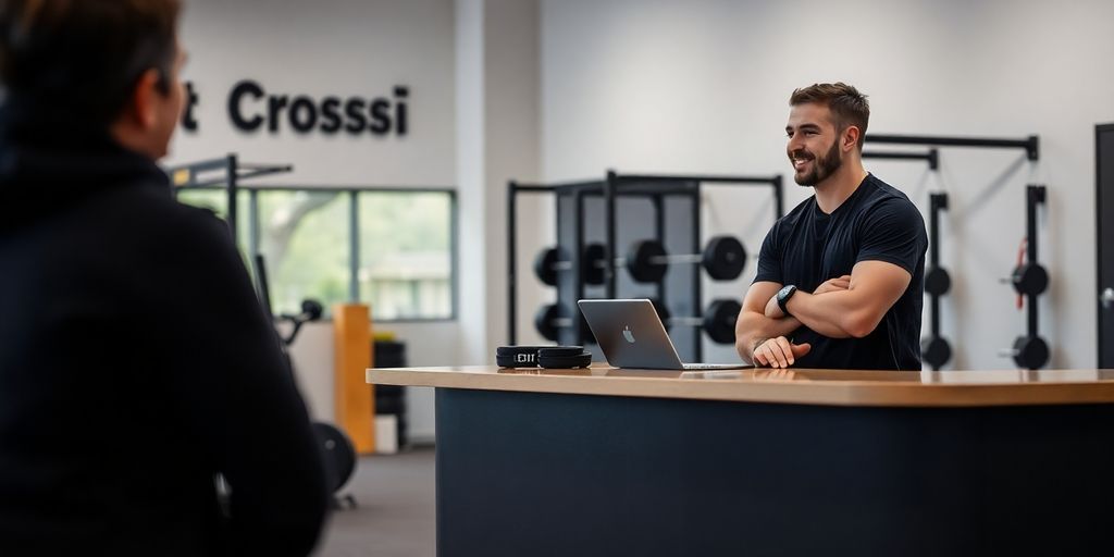 CrossFit athlete smiling at reception desk.