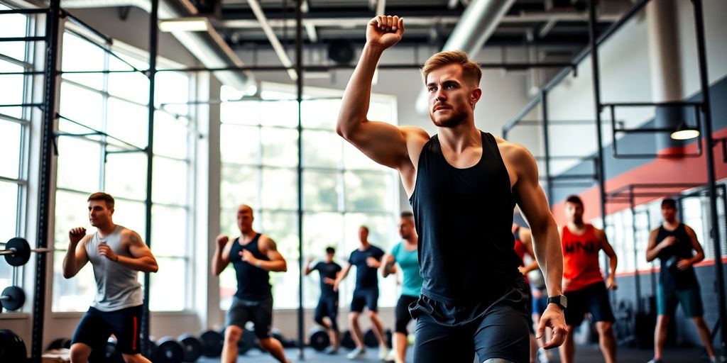 CrossFit gym interior with athletes training.