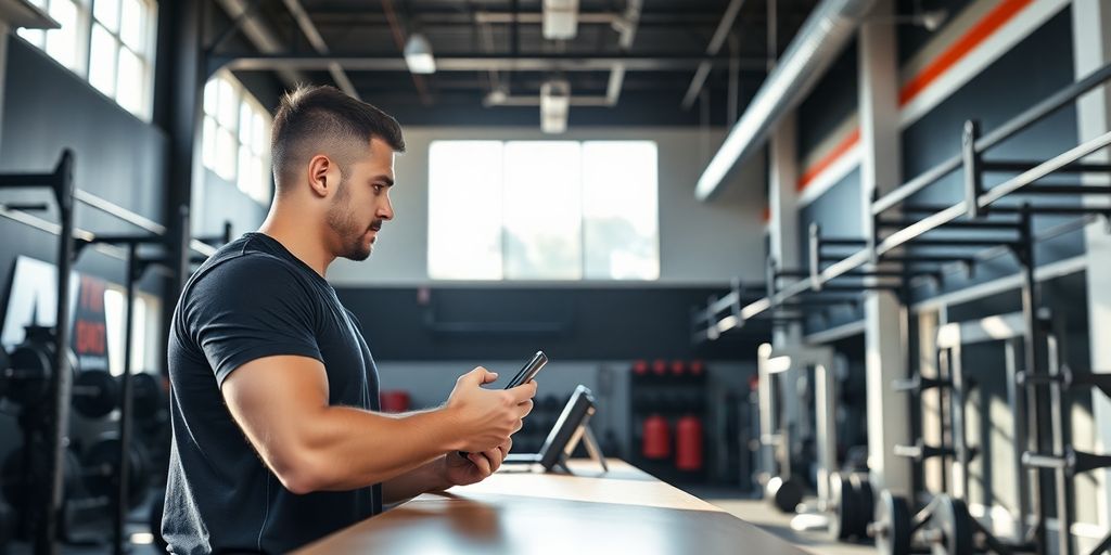 CrossFit athlete using phone at gym reception.