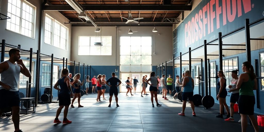CrossFit gym interior with happy members.