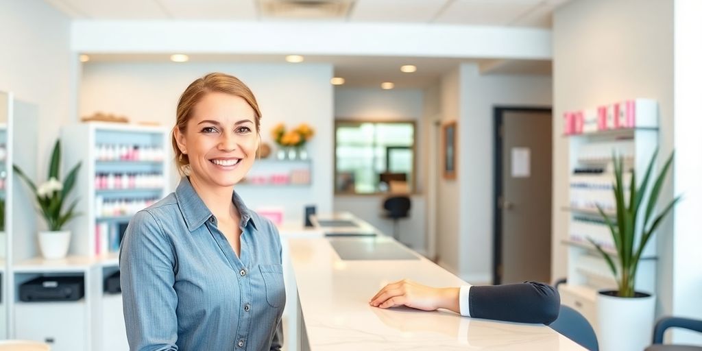 Nail salon reception desk with a smiling professional.