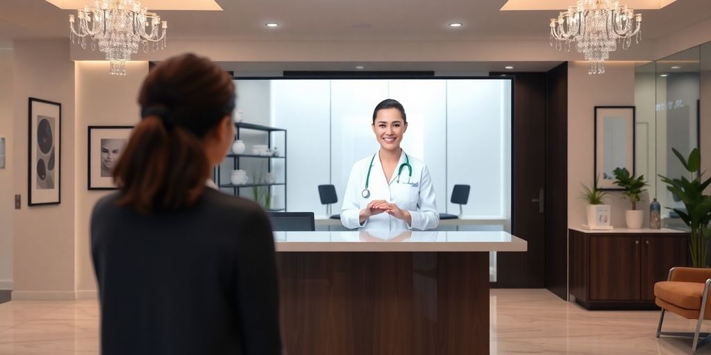 Medspa reception desk with a smiling virtual receptionist.