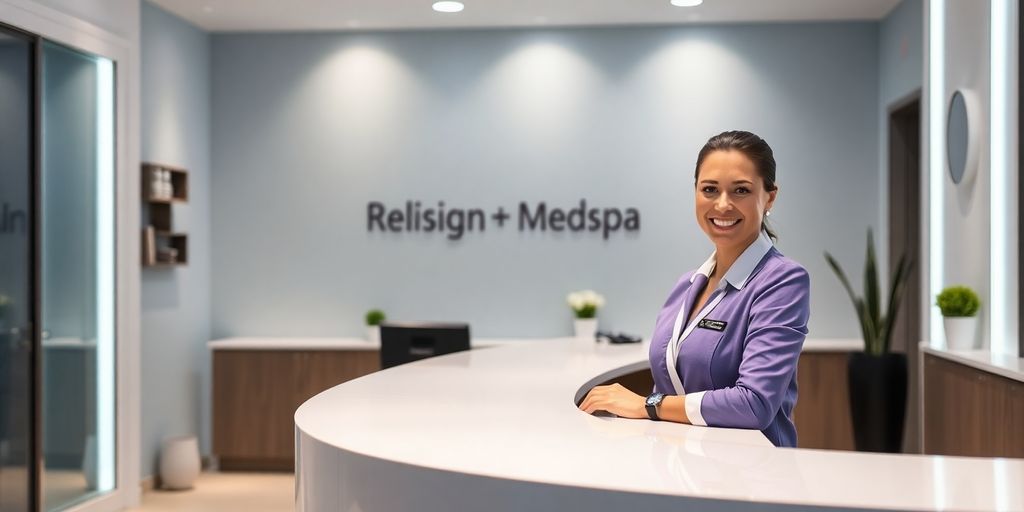 Medspa reception desk with smiling attendant.