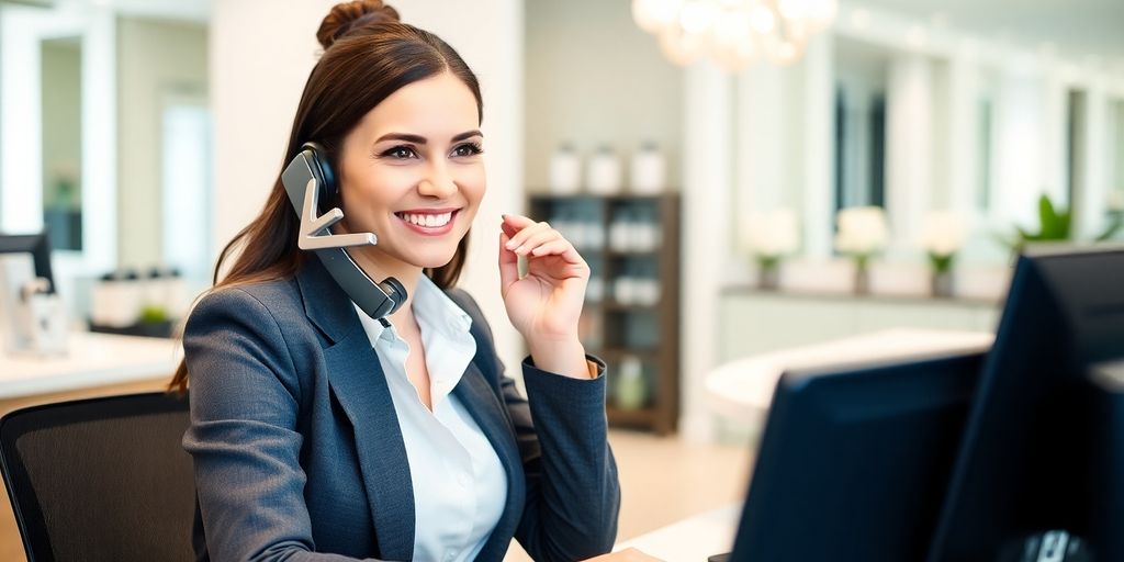 Woman smiling while answering a phone in a medspa.