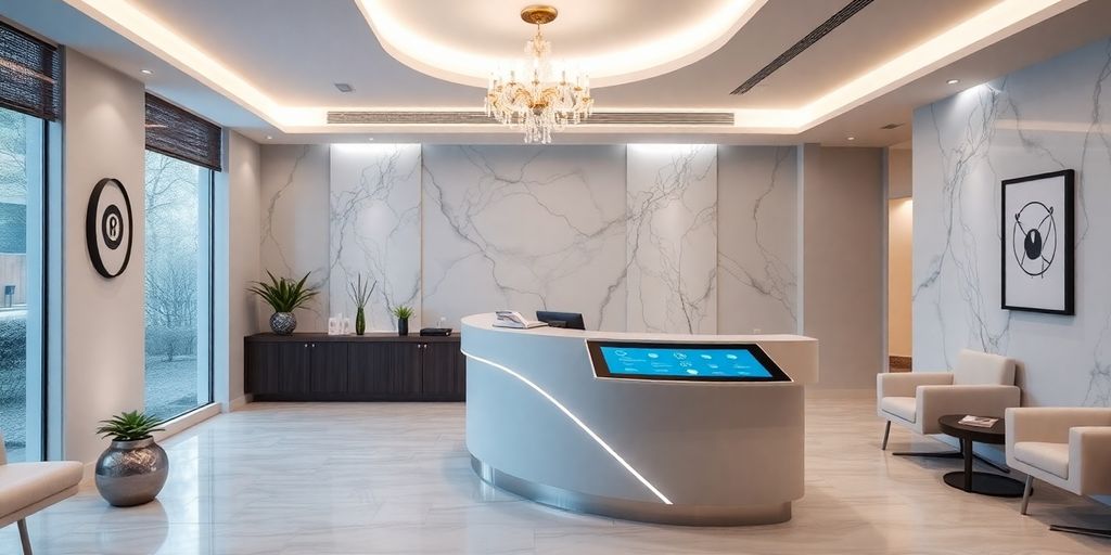 Medspa reception desk with a friendly virtual receptionist.