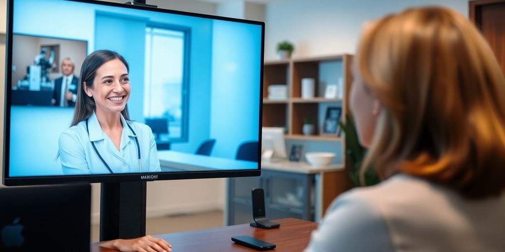 Hearing center receptionist assisting patient on computer.