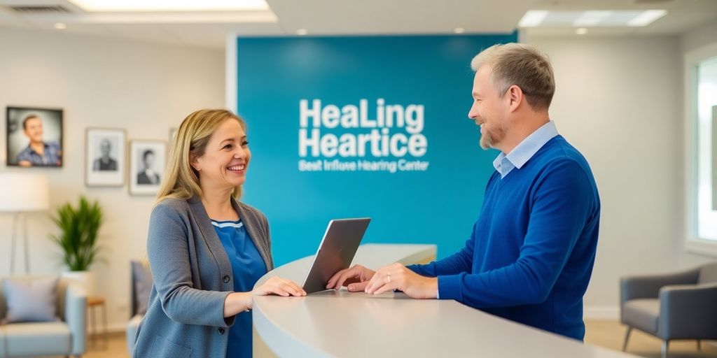 Friendly receptionist speaking with a patient.
