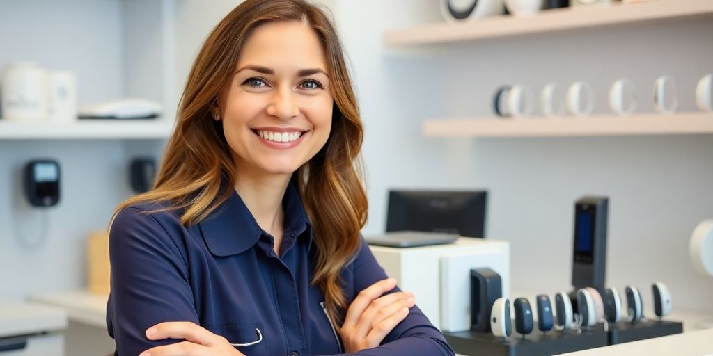 Smiling receptionist near hearing aid devices.