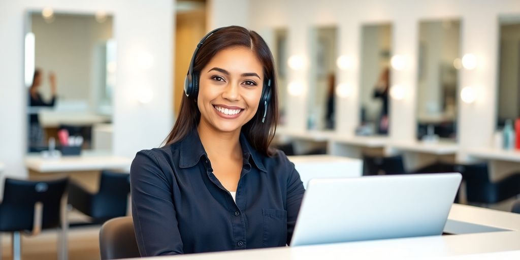 Salon receptionist answering phone by computer