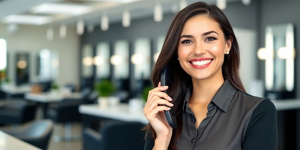 Woman smiling while talking on a phone at a salon.