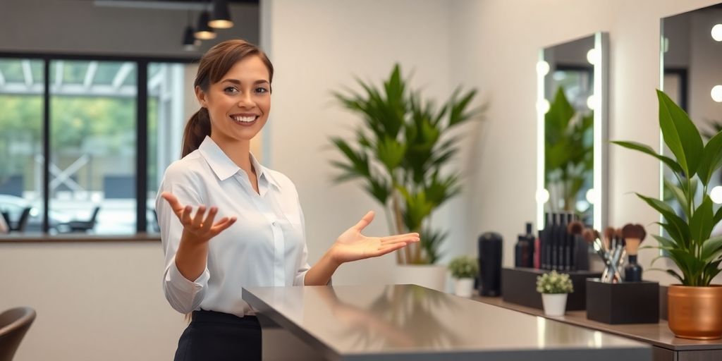 Salon reception area with cheerful receptionist.