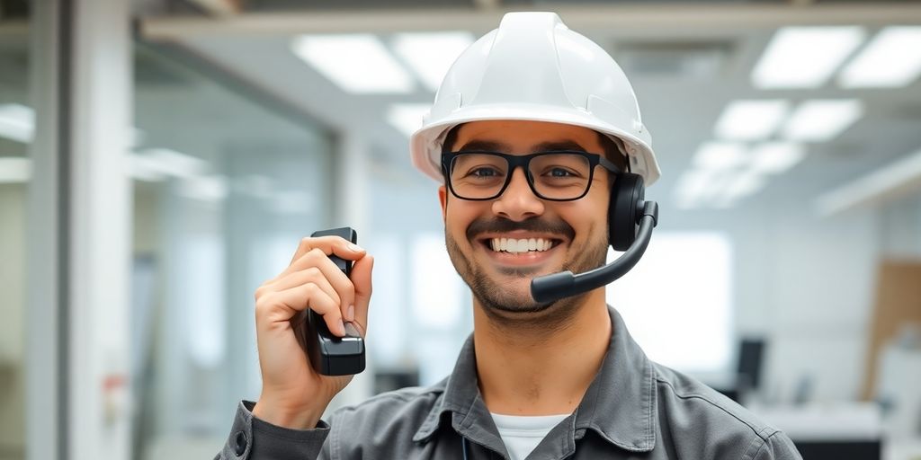 Electrician talking on a phone with a smile.