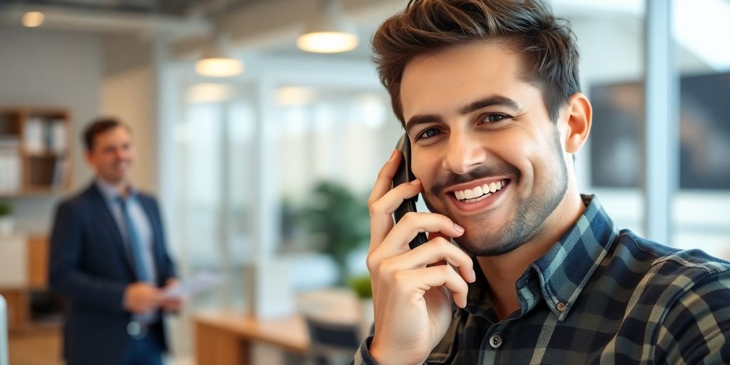 Electrician talking on phone, happy customer nearby.