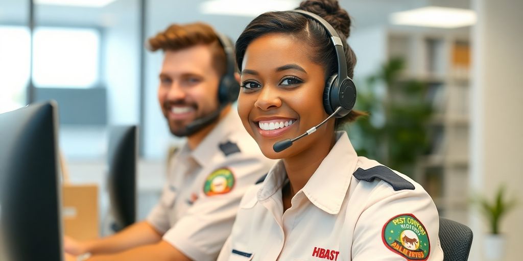 Pest control professional answering phone.